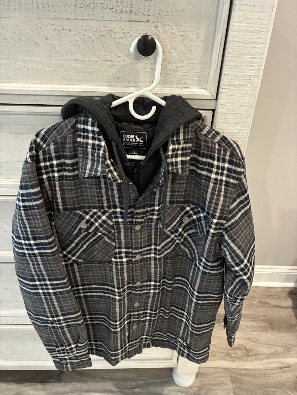 Eddie Bauer Black and Gray Plaid Hooded Shirt Jacket